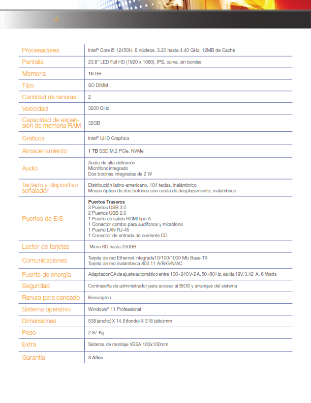 Computadora Todo en uno Lanix X240 Procesador Core i5 / Memoria Ram 16 gb / SSD 1 Tb / Sistema Operativo Windows® 11 pro